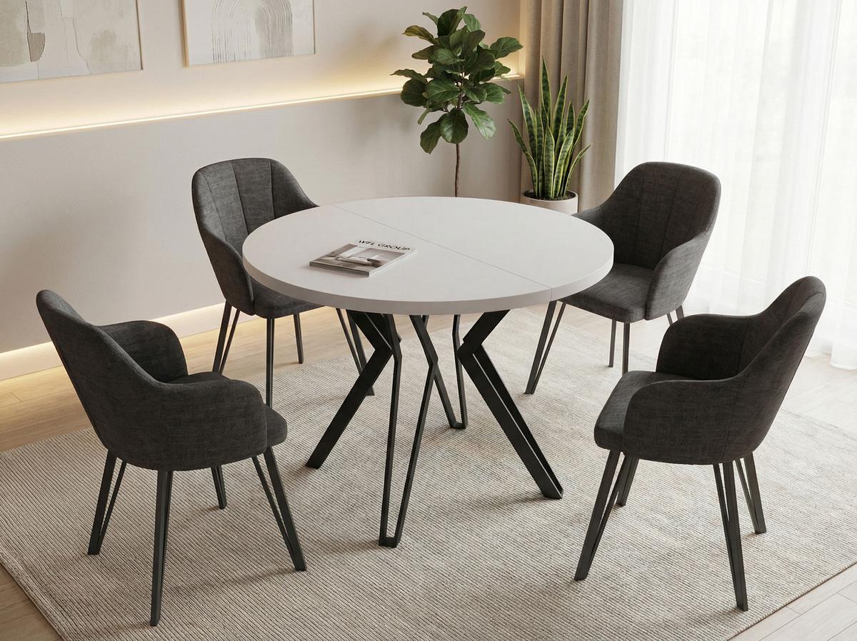 ESSTISCH Revena runder ausziehbarer, Weiß 120-200/120/76 cm - Schwarz/Weiß, Holzwerkstoff/Metall (120/200/76cm) - WFL GROUP