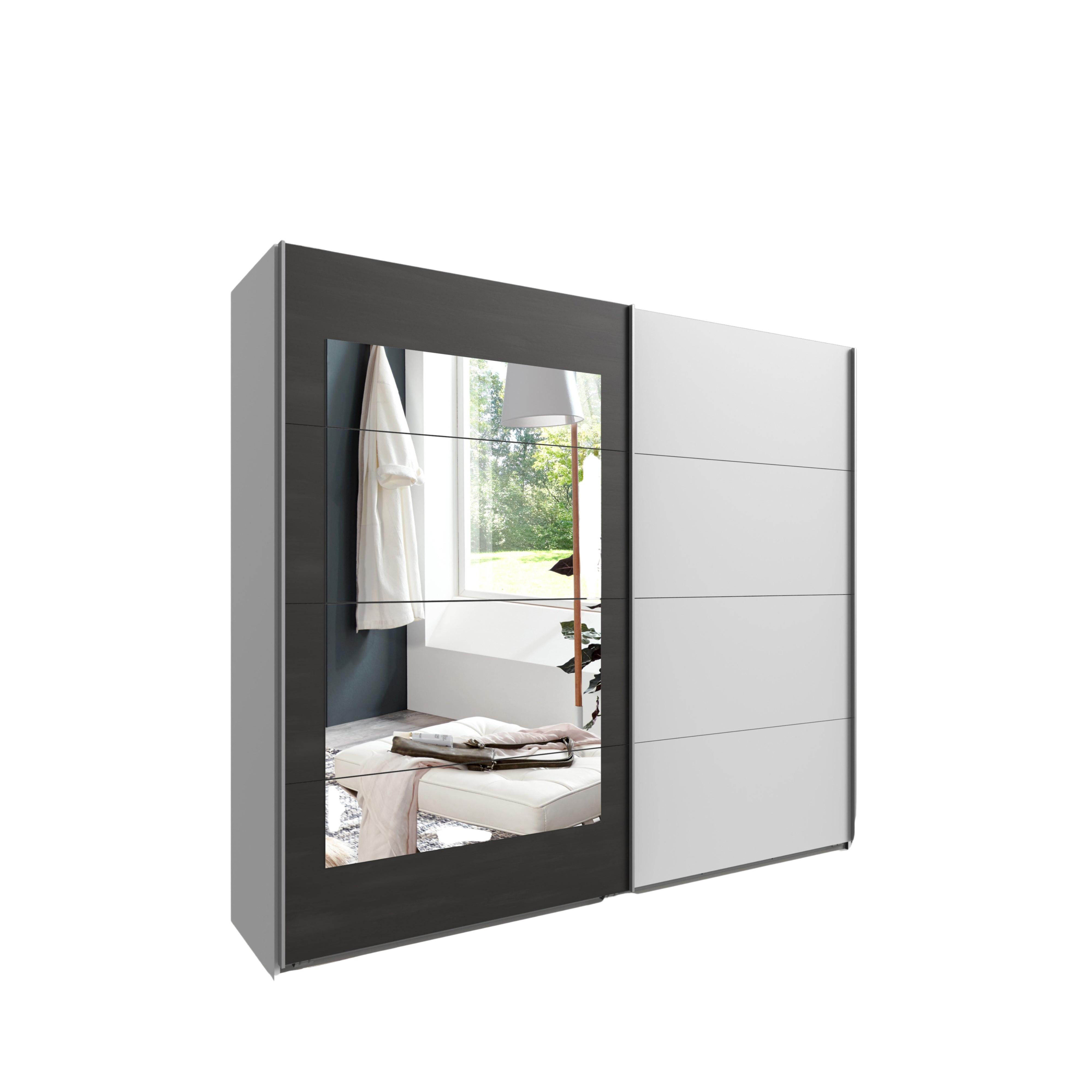 SCHWEBETÜRENSCHRANK 2-türig B225/H208/T65 cm, Kleiderschrank in Weiß mit Rahmenspiegel auf Tür in grauer Stahl-Optik / 22005 - Weiß/Grau, Holzwerkstoff/Metall (225/208/65cm) - luma-home