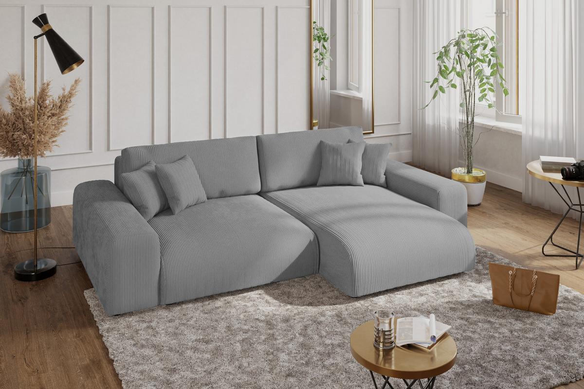 ECKSOFA mit Schlaffunktion, Bettkasten, Wellenunterfederung, seitenverkehrt montierbar B255/T165/H84 cm, Liegefl. 148x196 cm, Cord Hellgrau / 21007 - Hellgrau/Schwarz, Kunststoff/Textil (255/165cm) - luma-home
