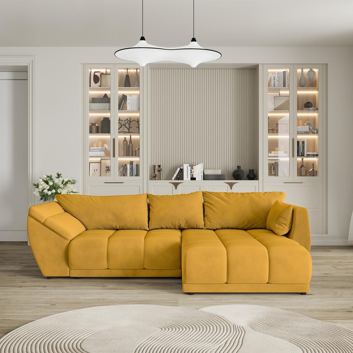 ECKSOFA ORENTI R-S Gelb Velours-Stoff mit Schlaffunktion - Gelb, Holz (287/182cm) - MASSENO