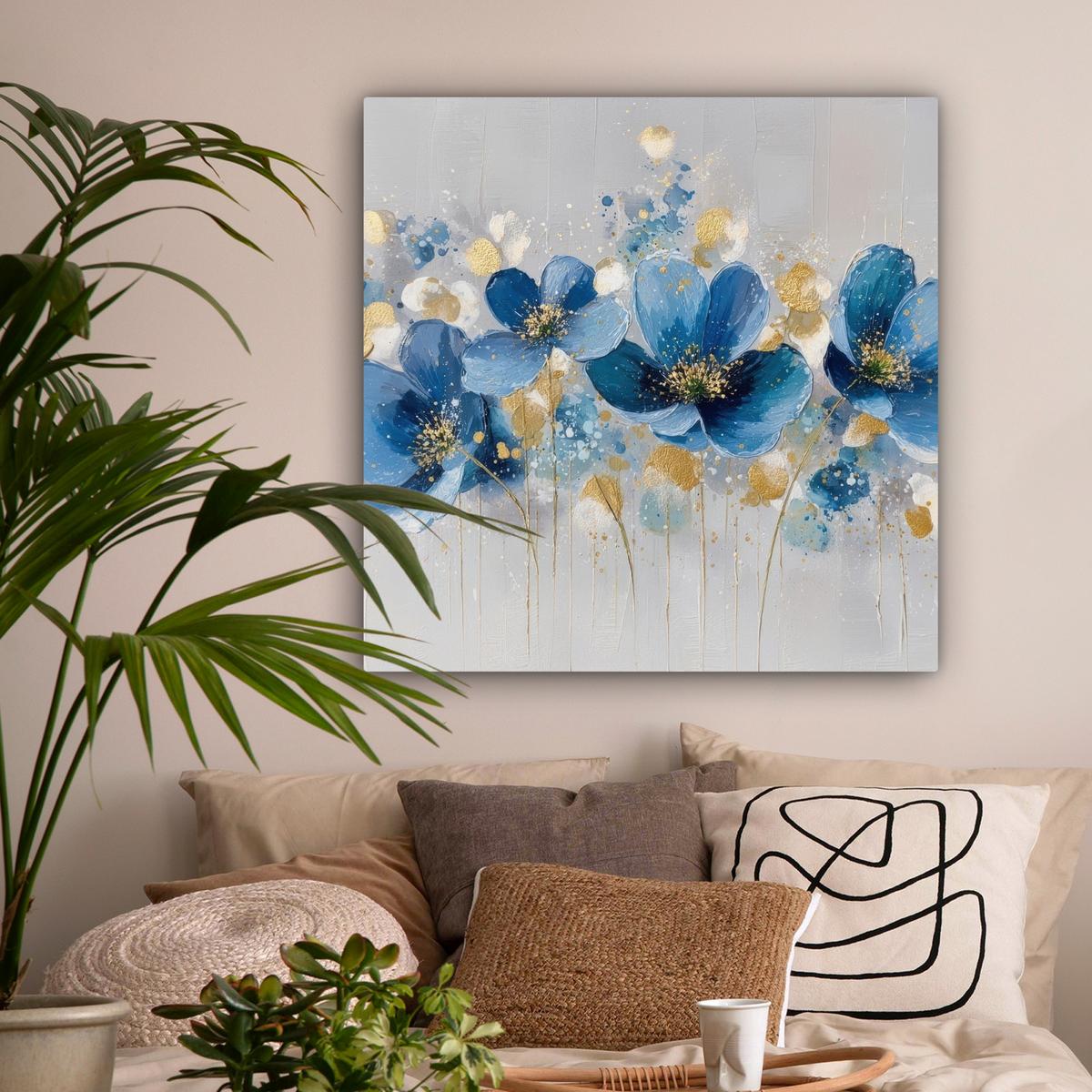 LEINWANDBILD Blumen - Blau - Abstrakt Deko Groß 90x90 cm - Hellgrau, Textil (90/90cm) - MuchoWow