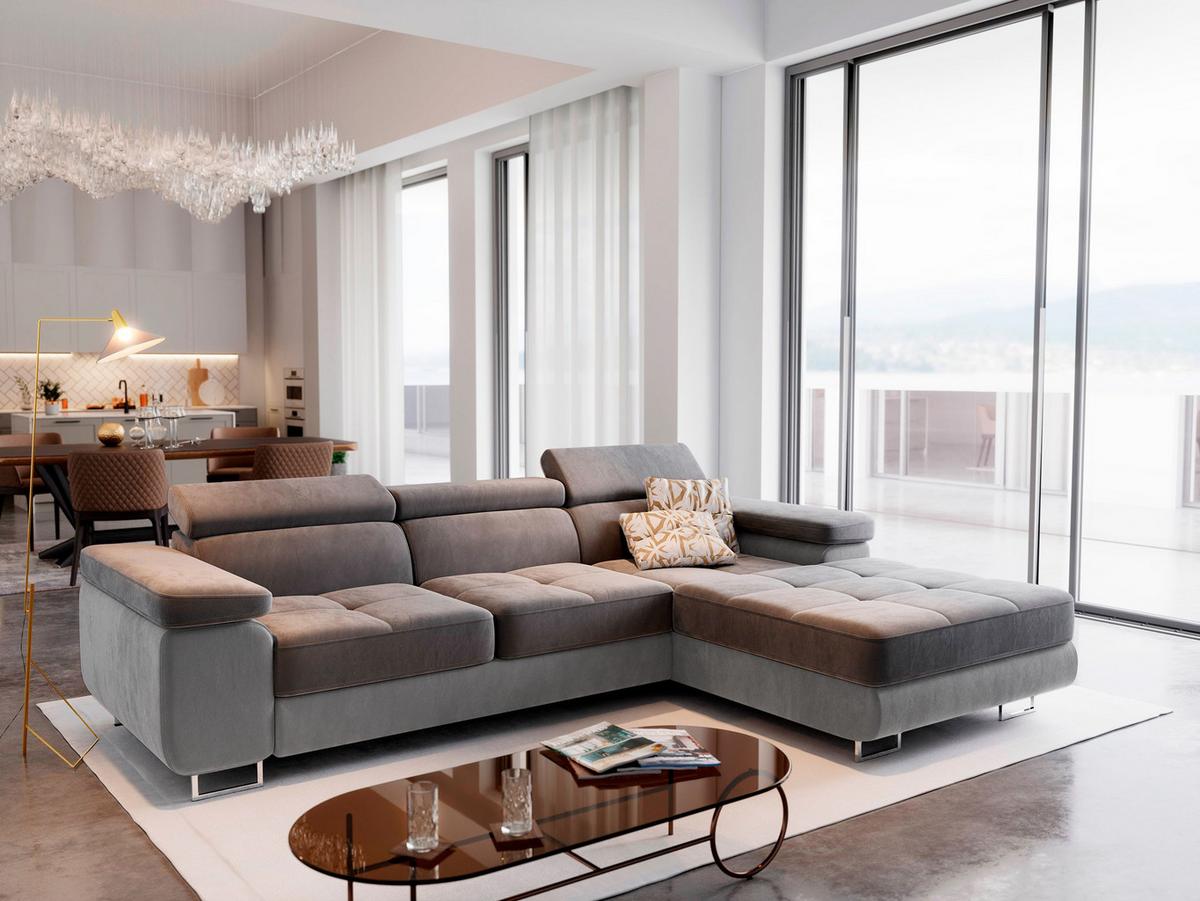 ECKSOFA ELMA R-S Grau Velours-Stoff mit Schlaffunktion - Silberfarben/Grau, Holz/Textil (280/205cm) - MASSENO