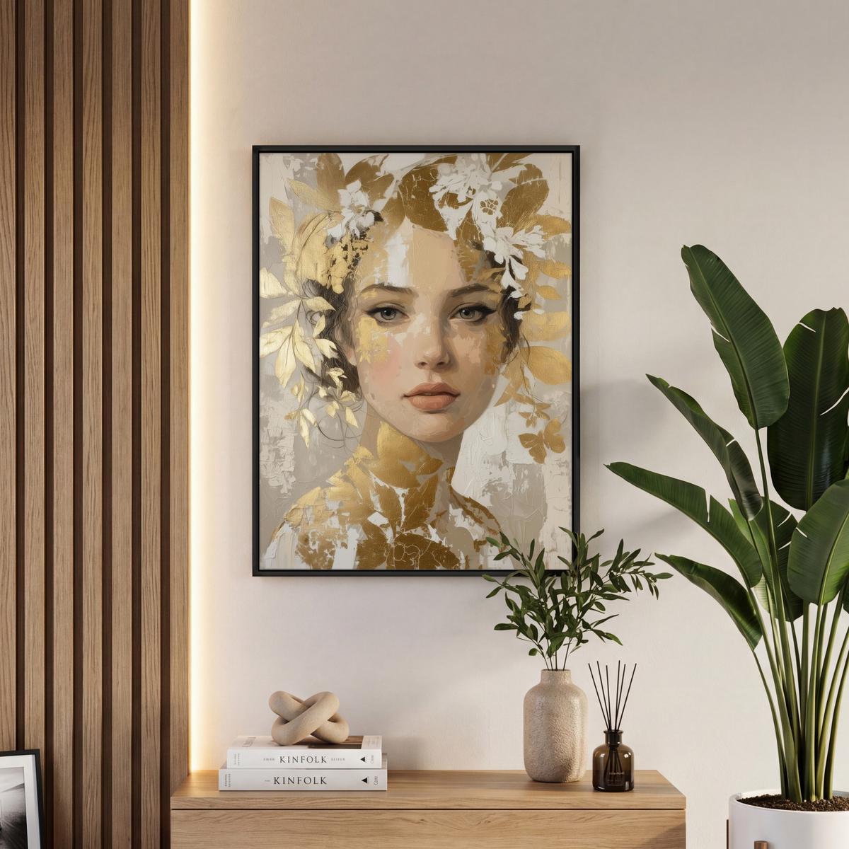 LEINWAND Bilder mit Rahmen - Gesicht - Frau - Blätter - Gold - 60x80 - Beige, Textil (60/80cm) - MuchoWow