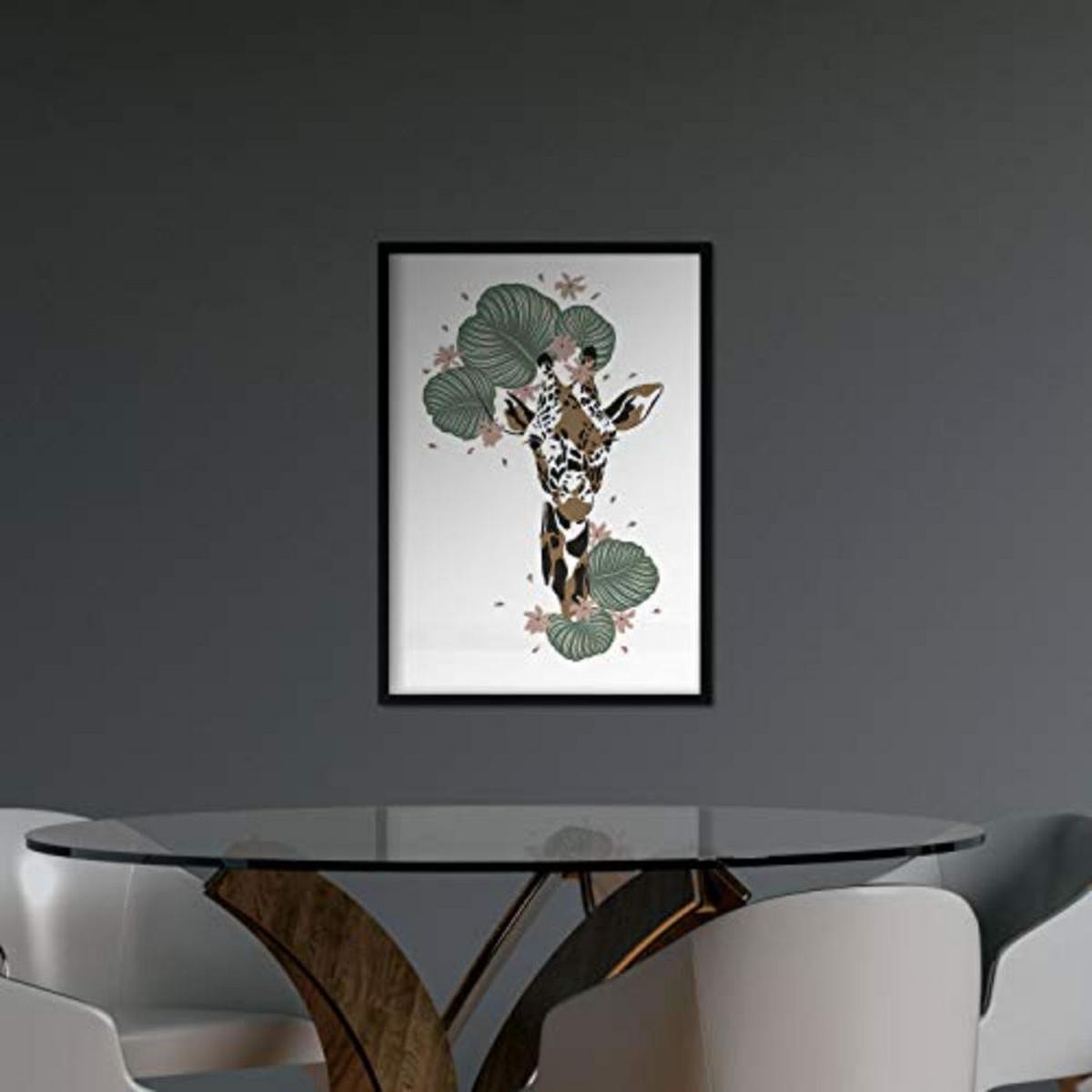 POSTER Set mit 4 GiraffenzebraKlinge, Blumen und Pflanzen aus dem Dschungel A4 Schwarzer Rahmen - Schwarz, Papier (29.7/3cm) - Nacnic