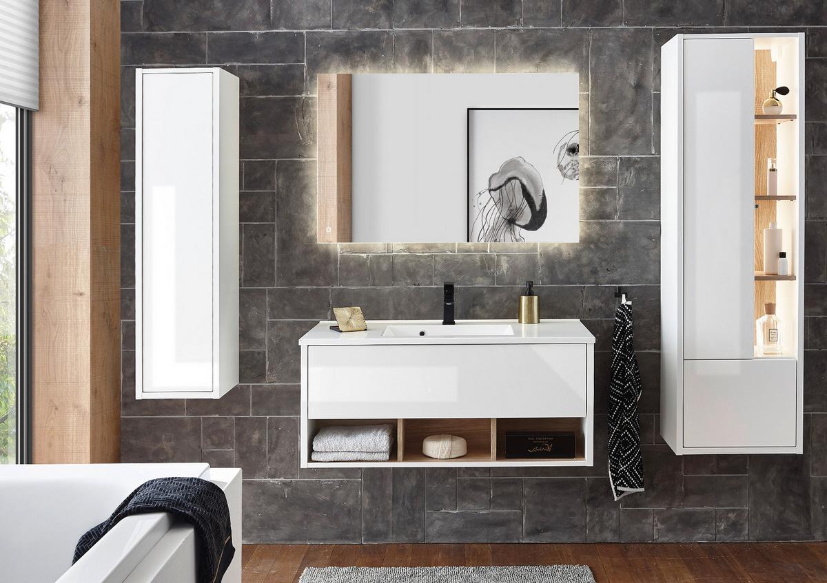 BADMÖBEL-SET weiß Hochglanz, Eiche mit Waschbecken und LED Beleuchtung 195 x 190 cm Glide - Weiß Hochglanz/Eichefarben, Glas/Holzwerkstoff (195/190/47cm) - Furn.Design