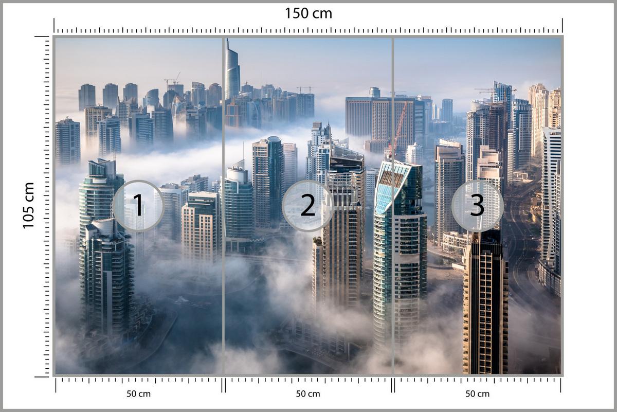 FOTOTAPETE für Büro Dubai Nebel Wolkenkratzer Skyline Panorama 150x105 - Blau/Beige, Papier (150/105cm) - Muralo