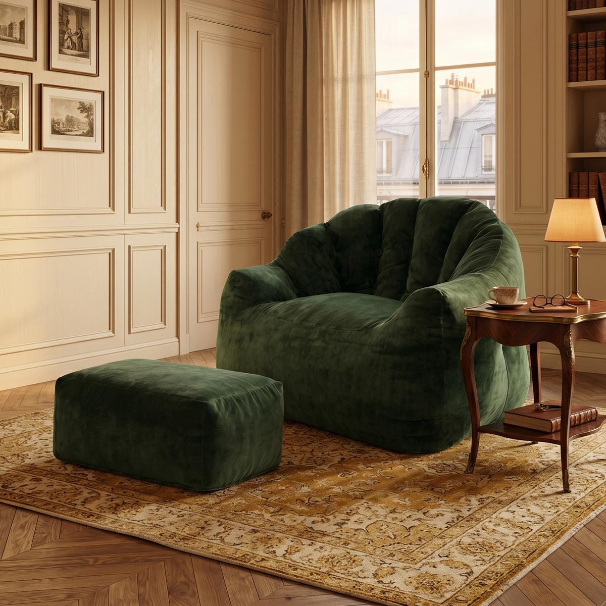 SESSEL MIT HOCKER aus weichem Chenille mit Blüten-Rückenlehne und Ottomane - Grün, Textil (99/65/86cm) - Urban Meuble