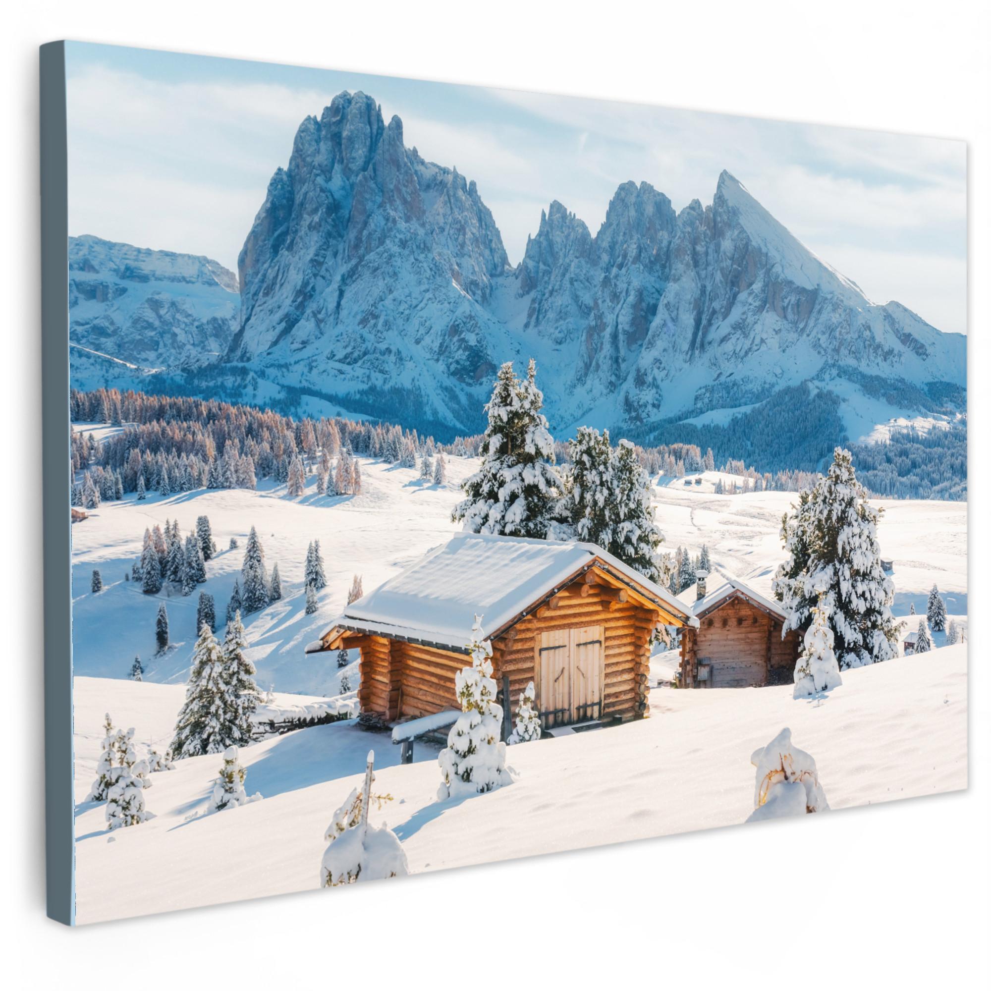 LEINWANDBILD Winter - Hütte - Berge - Aussicht - Schnee Wanddeko 90x60 cm - Eichefarben, Textil (90/60cm) - MuchoWow