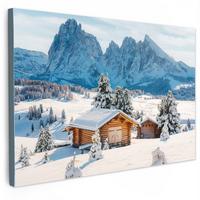 LEINWANDBILD Winter - Hütte - Berge - Aussicht - Schnee Wanddeko 90x60 cm - Eichefarben, Textil (90/60cm) - MuchoWow