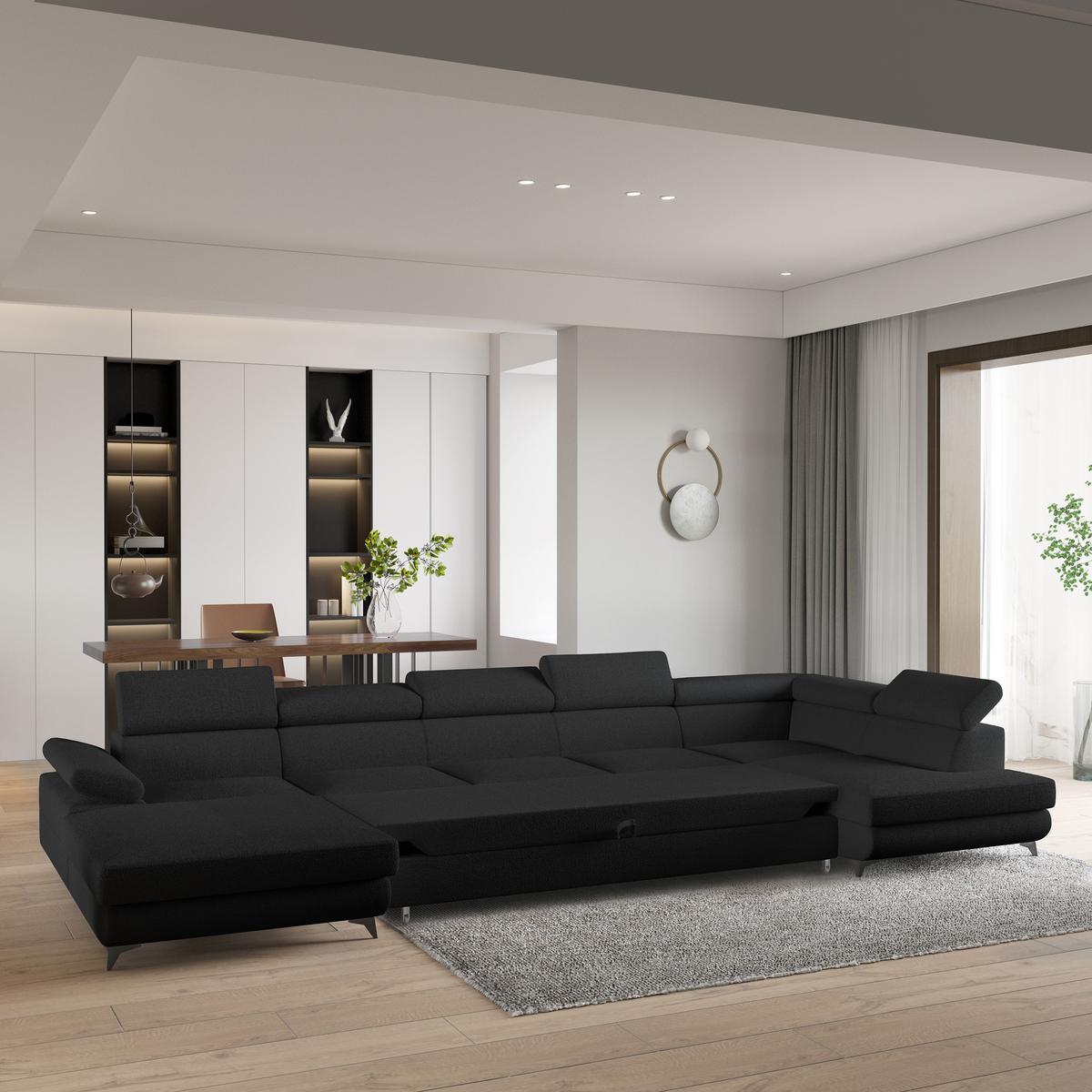 WOHNLANDSCHAFT MONTIVA Schwarz Boucle-Stoff mit Schlaffunktion - Schwarz, Holz (410/89/190cm) - MASSENO