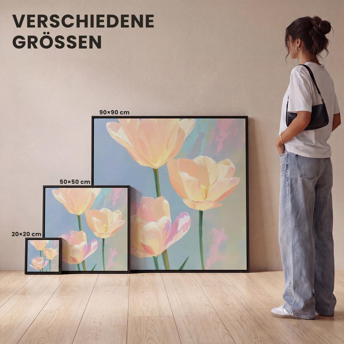 LEINWAND Bilder mit Rahmen - Tulpen - Rosa Akzente - Blau - 20x20 - Pastellblau, Textil (20/20cm) - MuchoWow