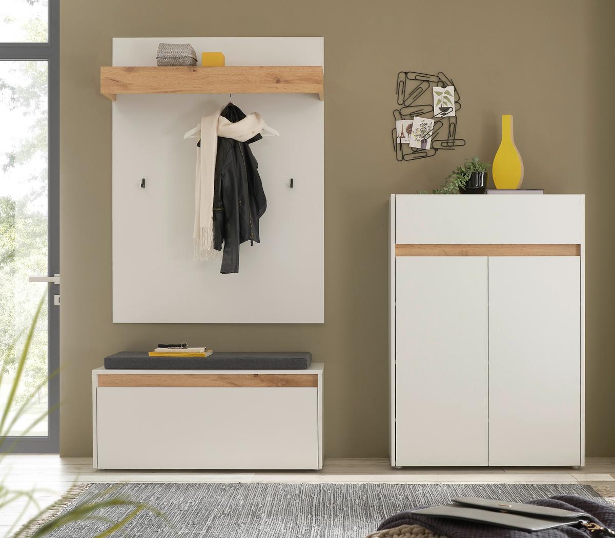 GARDEROBEN-SET weiß matt, Eiche Wotan 4-teilig 195 cm, Sitzbank inklusive Sitzkissen - Eiche Wotan/Schwarz, Holzwerkstoff/Kunststoff (195/200/40cm) - Furn.Design
