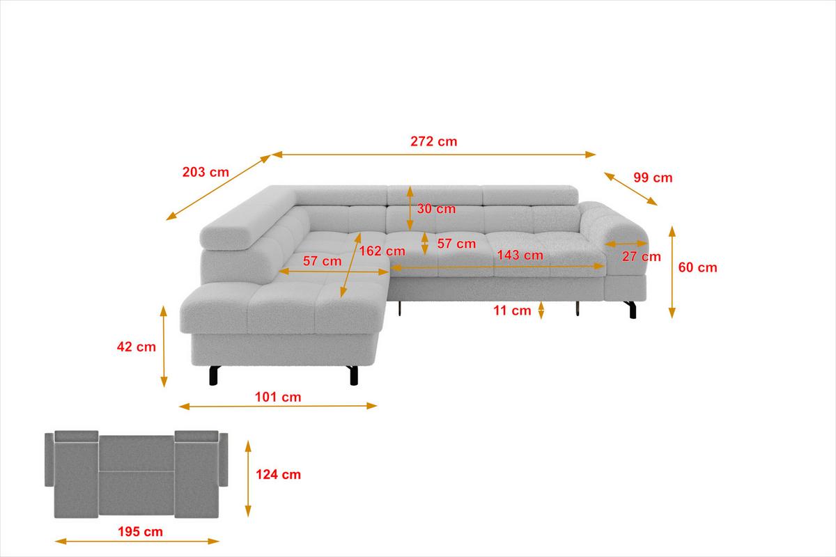 ECKSOFA mit Schlaffunktion Ottomane Links LUMA-L 272x203x70 Hellgrau Bouclé - Edelstahlfarben/Schwarz, Holzwerkstoff/Kunststoff (272/203cm) - ALTDECOR