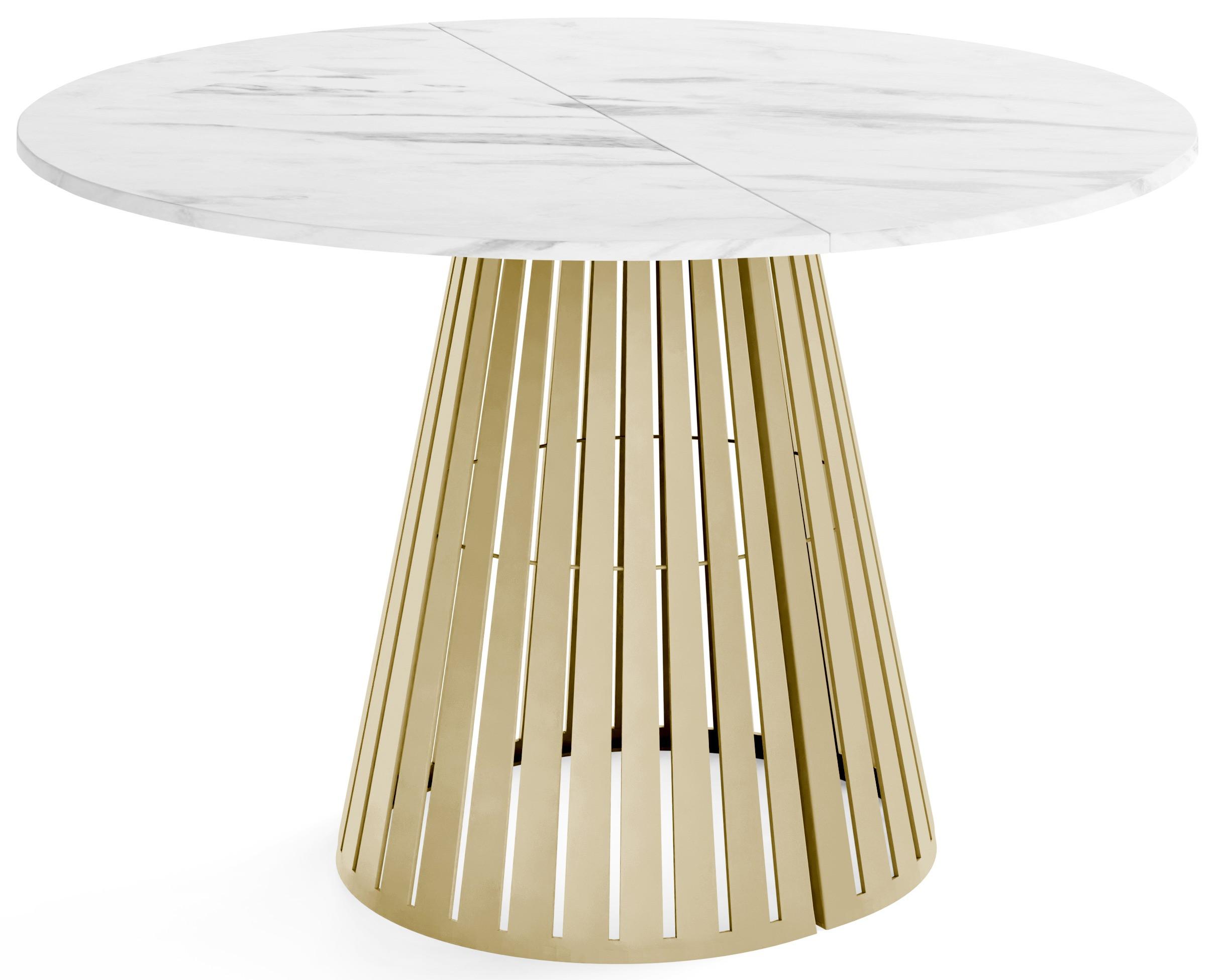 ESSTISCH Naro rund ausziehbar mit Goldenem Lamellen-Metallgestell, Marmor Weiß 100-180/100/76 cm - Ecru/Goldfarben, Holzwerkstoff/Metall (100/176/76cm) - WFL GROUP