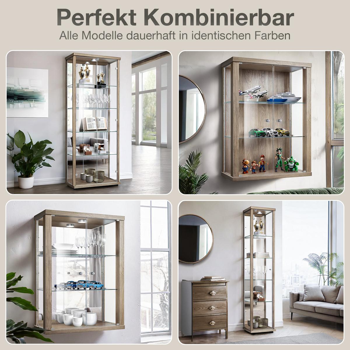 GLASVITRINE 33/37/176 cm mit Spiegel, LED & 4 höhenverstellbaren Glasböden - Transparent/Silberfarben, Glas/Holzwerkstoff (37/176/33cm) - K-Möbel