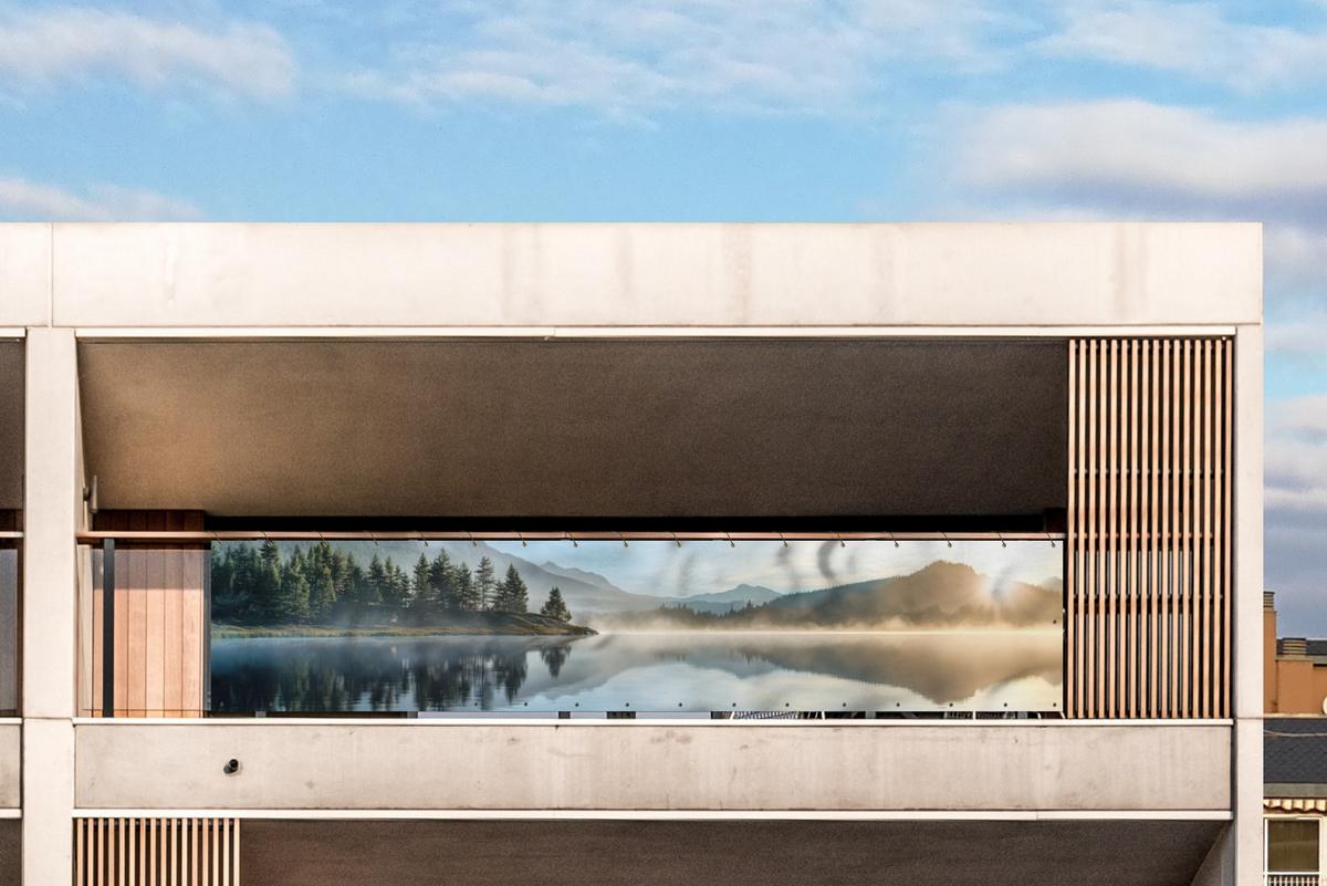 BALKON-SICHTSCHUTZ See - Nebel - Berge - Landschaft Deko XXL 500x100 cm - Hellblau, Kunststoff (500/100cm) - MuchoWow