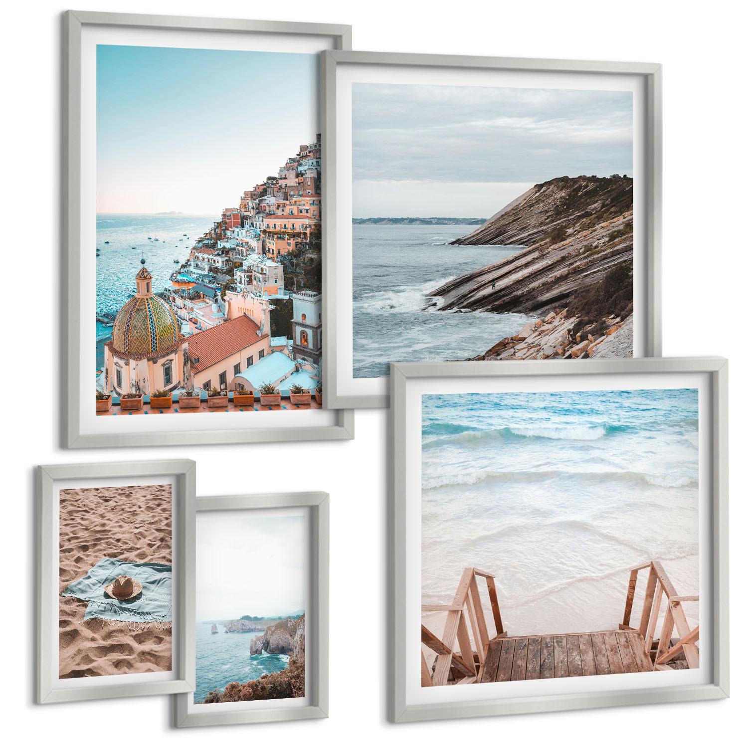 BILDER SET 5er Set - 50x50 cm & 20x30 cm & 40x60 cm Silberner Rahmen - Berglandschaften und Wasserfälle - Silberfarben, Kunststoff (40/60cm) - TULUP
