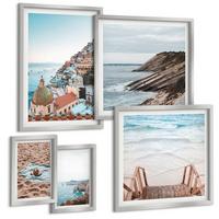 BILDER SET 5er Set - 50x50 cm & 20x30 cm & 40x60 cm Silberner Rahmen - Berglandschaften und Wasserfälle - Silberfarben, Kunststoff (40/60cm) - TULUP