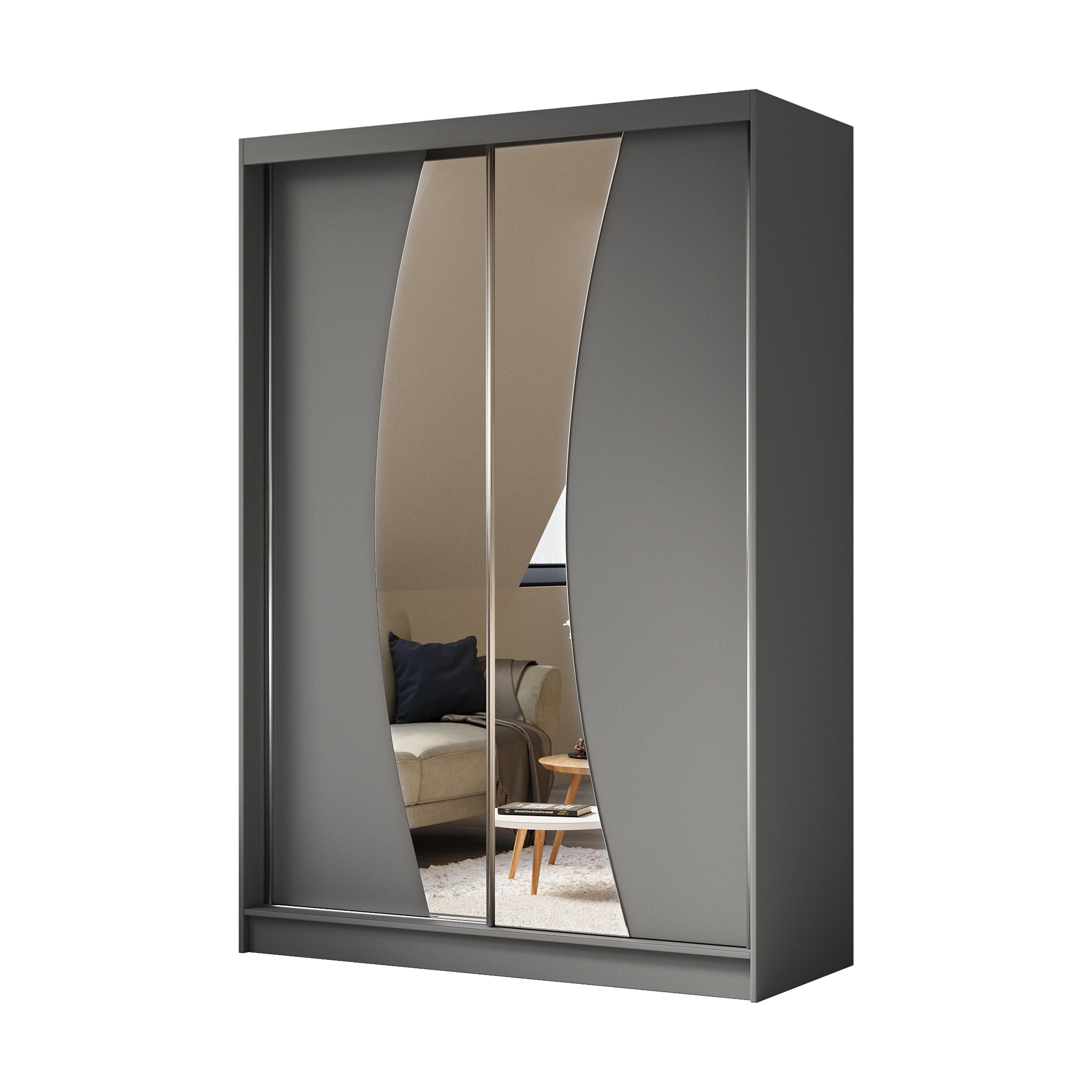 KLEIDERSCHRANK mit Spiegel-Schiebetüren und Aluminium-Leisten, LED-Beleuchtung (- VOXI - 150 cm Grau - Grau, Holzwerkstoff (150/216/61cm) - ALTDECOR