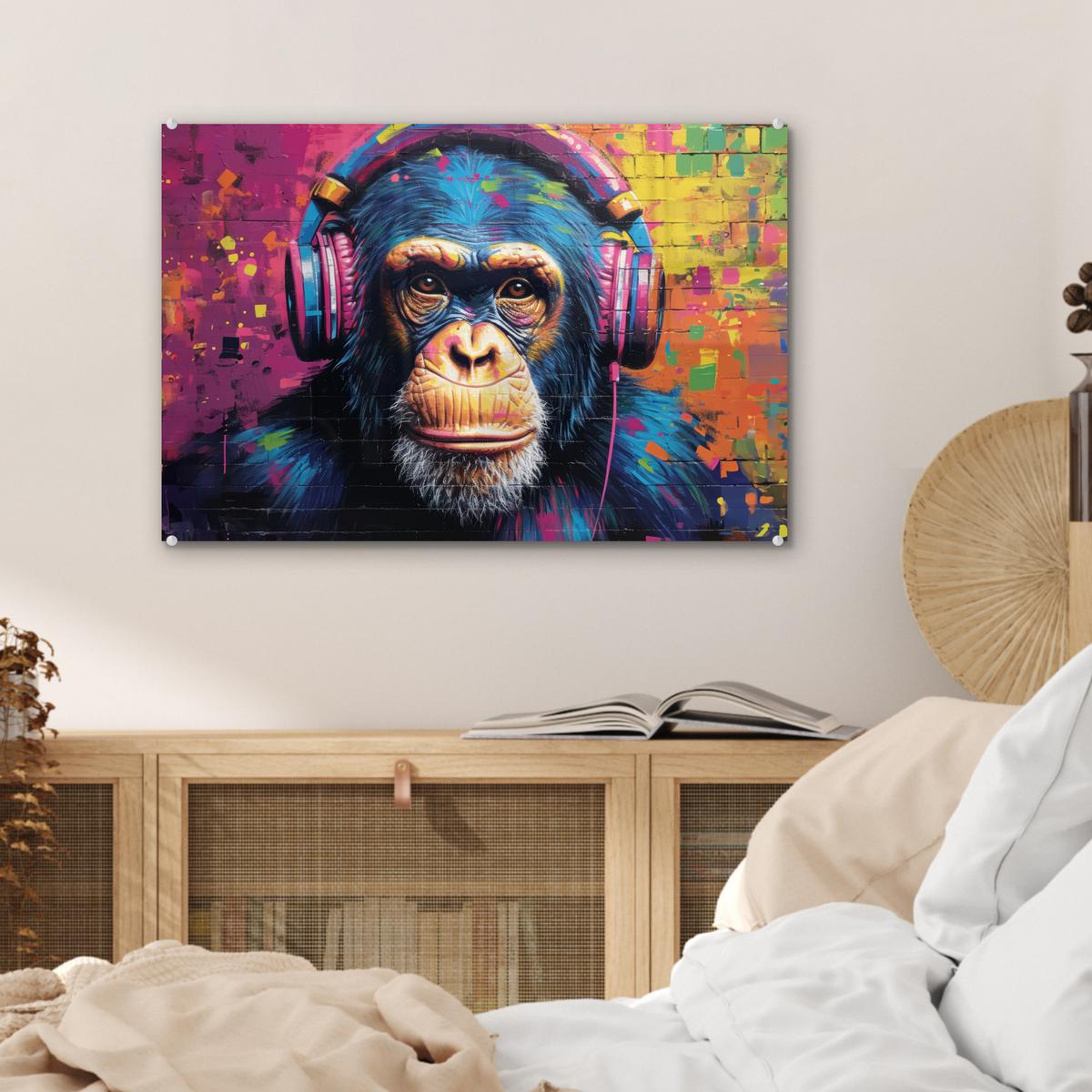 ACRYLGLASBILD Graffiti - Schimpanse - Straßenkunst - Kopfhörer - Affe Wanddeko 60x40 cm - Blau, Glas (60/40cm) - MuchoWow