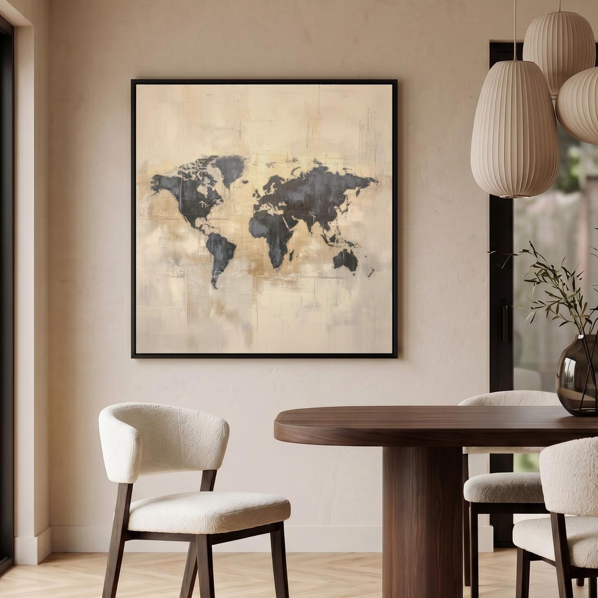 LEINWAND Bilder mit Rahmen - Weltkarte - Gold - Schwarz - Abstrakt - 90x90 - Kupferfarben, Textil (90/90cm) - MuchoWow