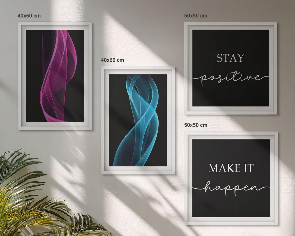 BILDER SET 4er Set - 50x50 cm & 40x60 cm Weißer Rahmen - Neonlinienwellen im Hintergrund - Weiß, Kunststoff (50/50cm) - TULUP