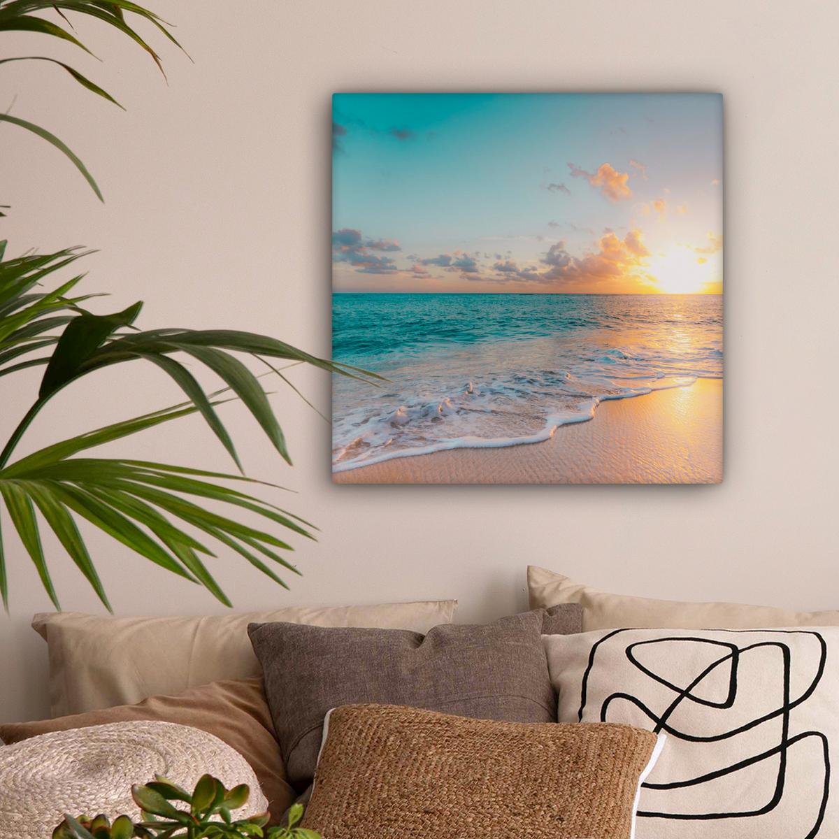 LEINWANDBILD Sonnenuntergang - Strand - Meer - Sommer - Blau Wandbild Wohnzimmer 50x50 cm - Multicolor, Textil (50/50cm) - MuchoWow