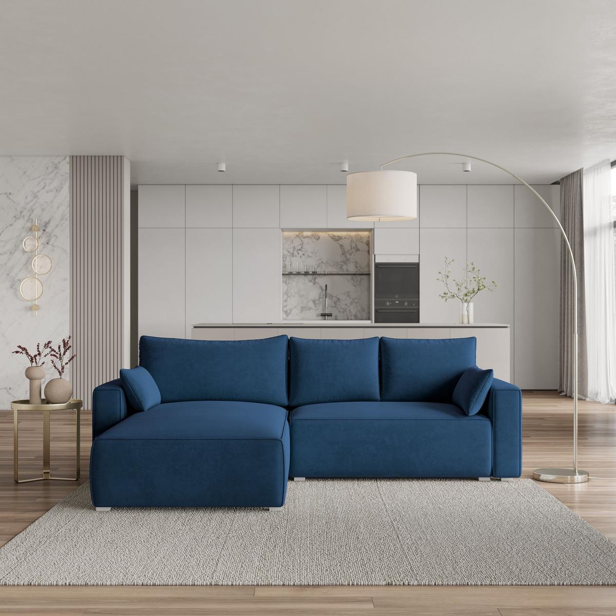ECKSOFA FORIL Blau Velours-Stoff mit Schlaffunktion - Blau/Grau, Holz/Kunststoff (265/178cm) - MASSENO