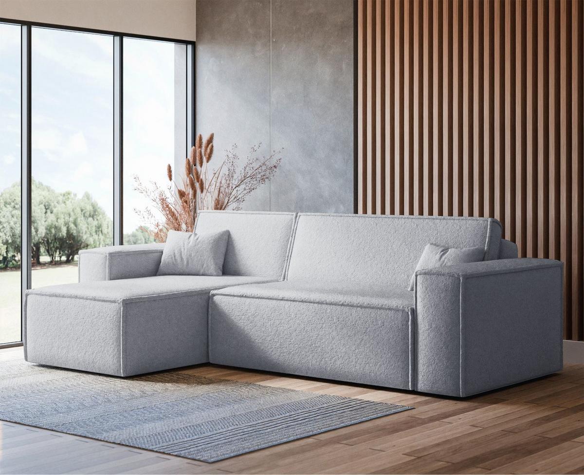 ECKSOFA Scarlo Hellgrau Bouclé-Bezug - Hellgrau/Schwarz, Kunststoff/Textil (244/145cm) - Selsey