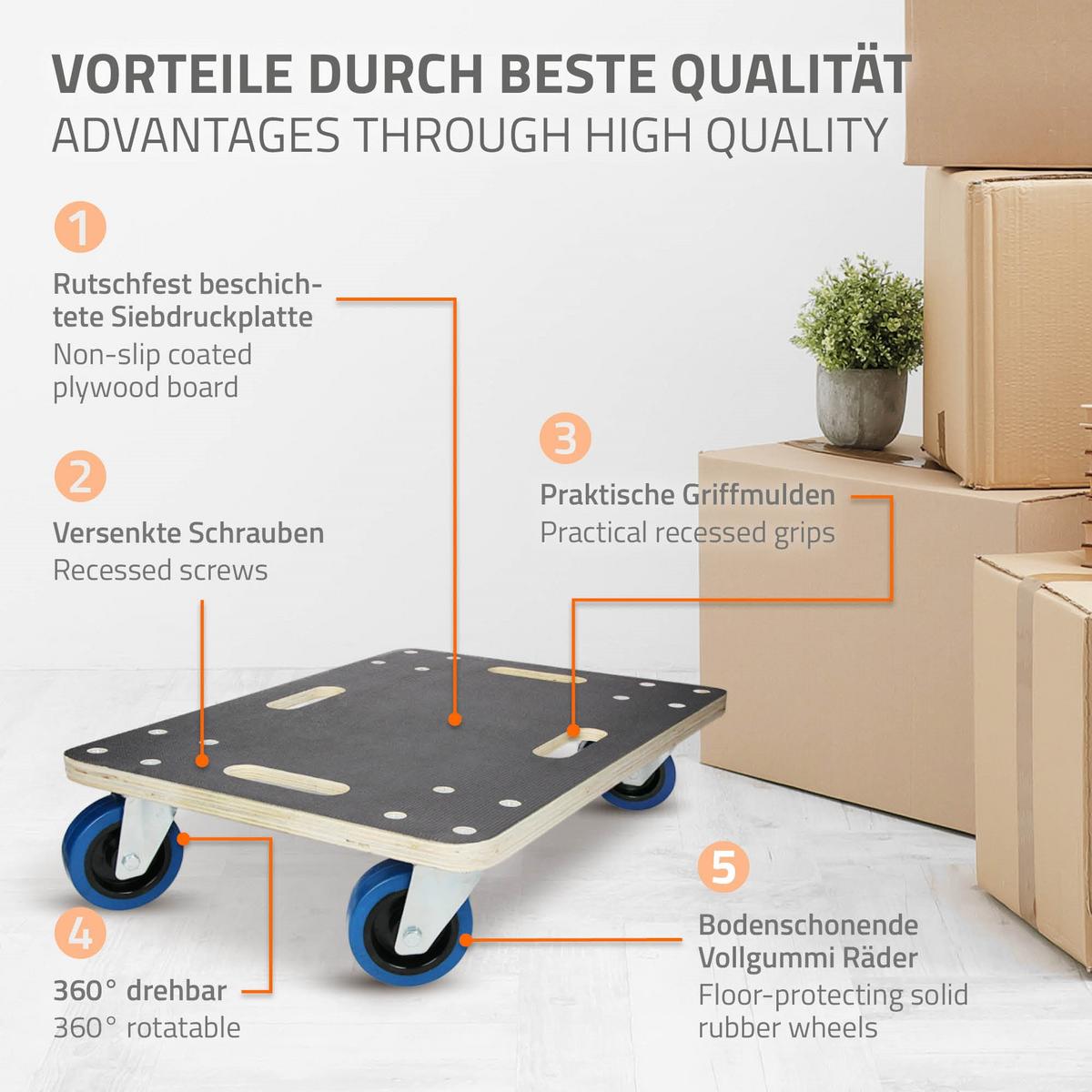 TRANSPORTROLLER 2er Set mit 4 Rollen 40x60 cm Traglast 800kg Siebdruck Holzplatte Black - Anthrazit, Holzwerkstoff (60/40/14.5cm) - ECD-Germany