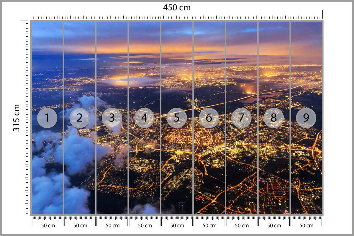 FOTOTAPETE für Wohnzimmer Vogelperspektive Beleuchtete Stadt Skyline 450x315 - Gelb/Orange, Papier (450/315cm) - Muralo