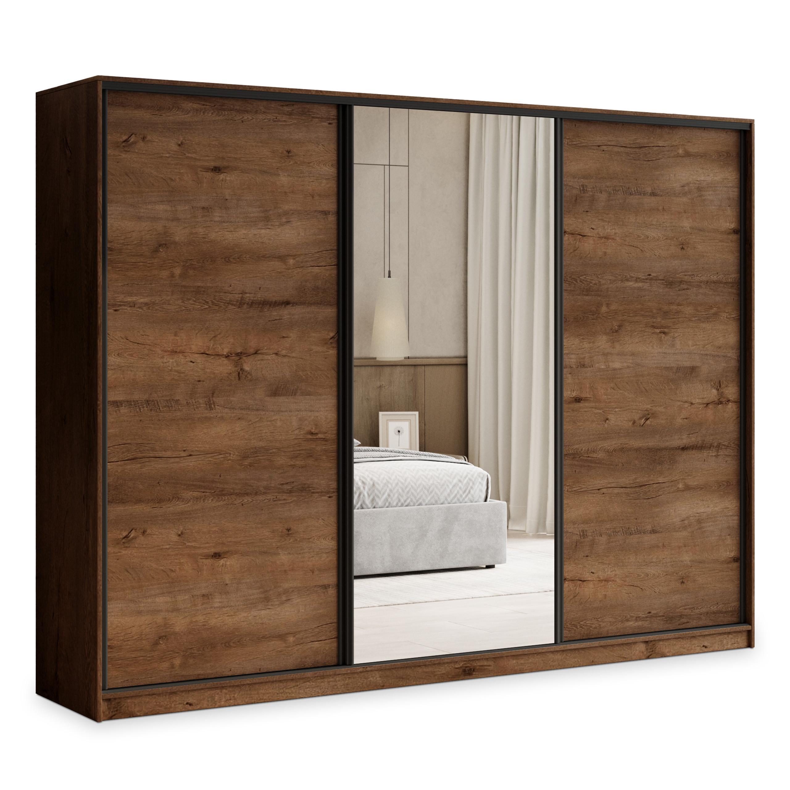 SCHWEBETÜRENSCHRANK TARI 235/205/58 cm 3-türig mit Spiegel und Schubladen Eiche Lefkas - Eichefarben/Schwarz, Holzwerkstoff (235/205/58cm) - MASSENO
