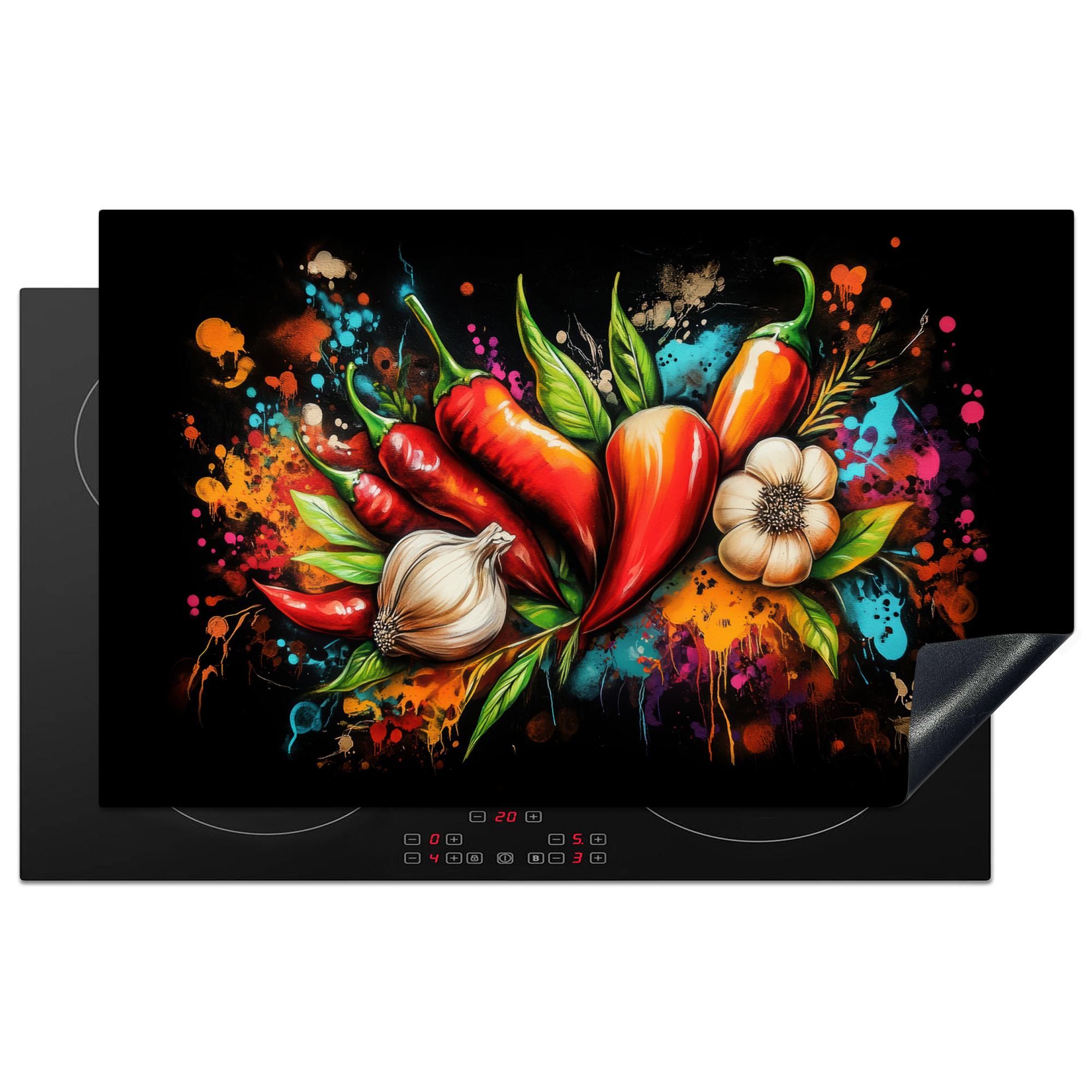 HERDABDECKPLATTE Gemüse - Paprika - Knoblauch - Graffiti - Farbe - Bunt Induktionsmatte 83x51 cm - Rot, Kunststoff (83/51.5/0.2cm) - MuchoWow