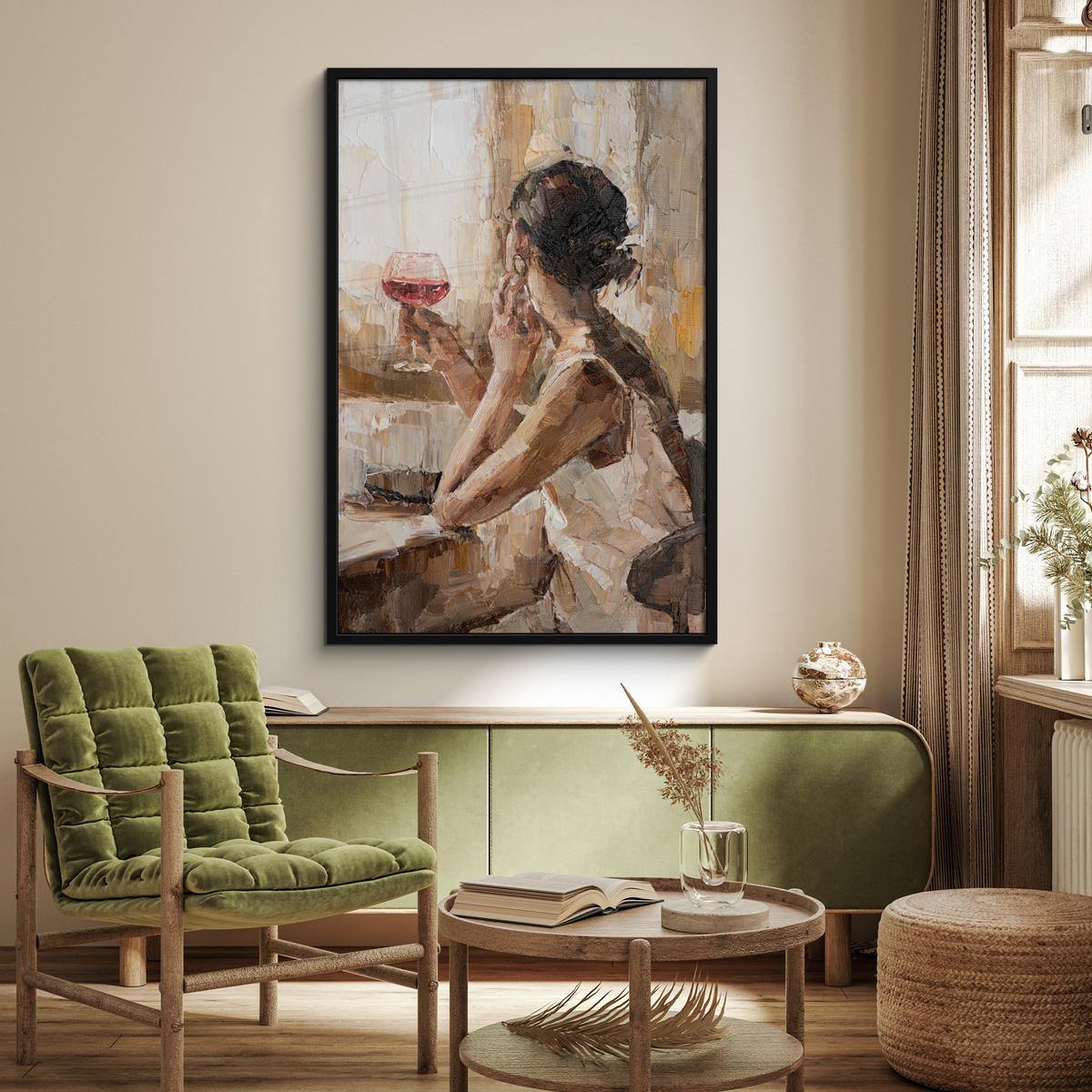 POSTER MIT RAHMEN Ölgemälde - Frau - Wein Bilderleiste 80x120 cm - Hellbraun, Papier (80/120cm) - MuchoWow
