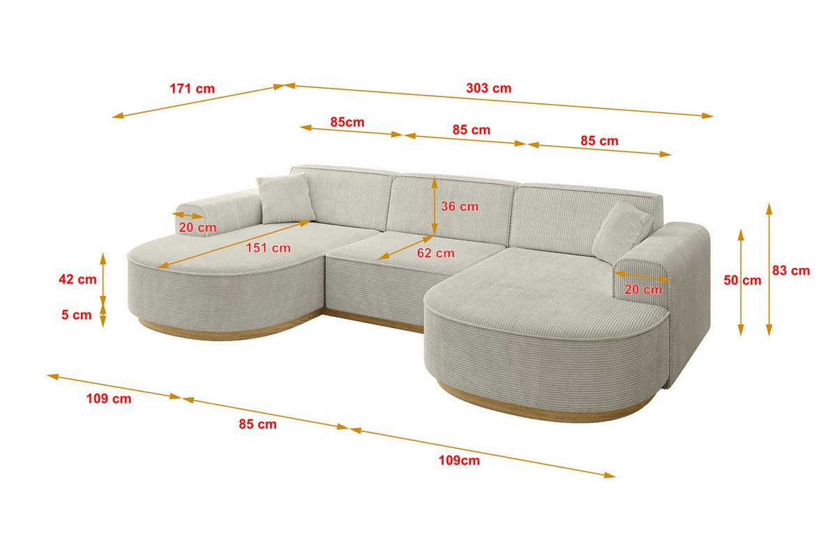 WOHNLANDSCHAFT MARI-U1-v2 - 303x171x83 cm Creme Cord - Hellgrau/Creme, Holzwerkstoff/Textil (303/83/171cm) - ALTDECOR