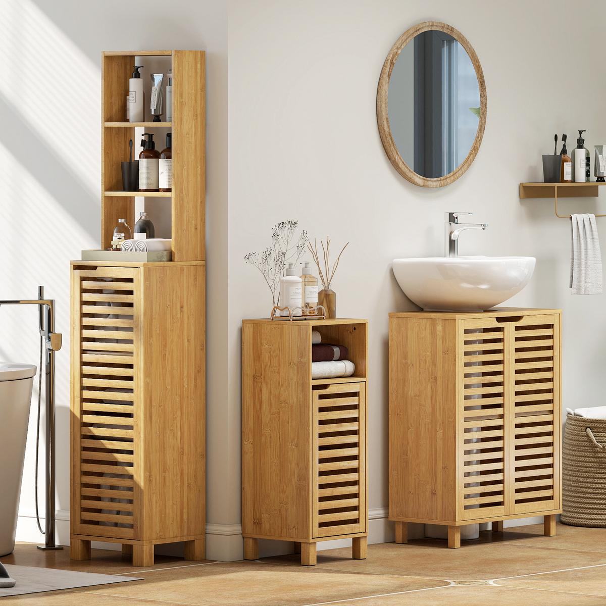 BADEZIMMERSCHRANK-SET Bambus Naturholz - Naturfarben, Holz/Bambusholz (30/80/60cm) - HOMCOM