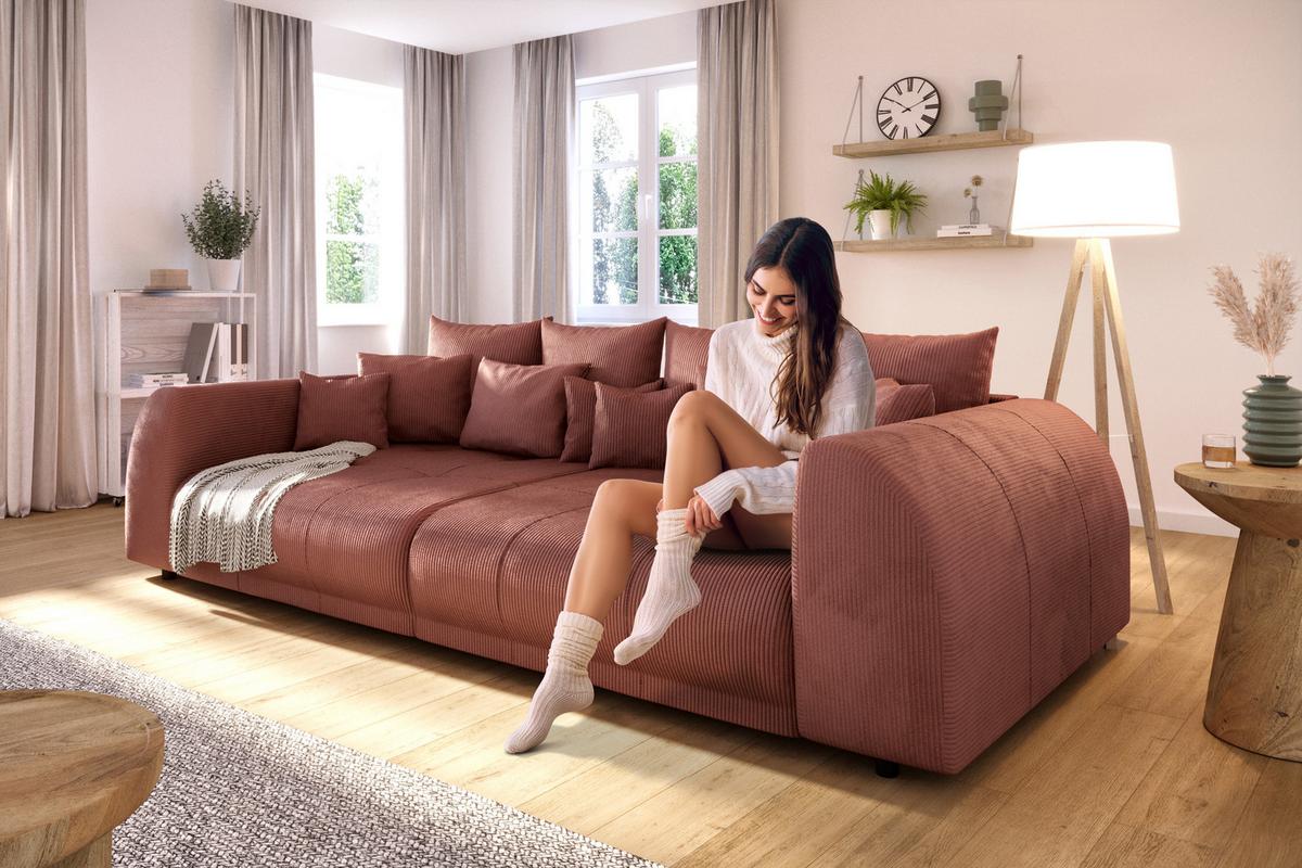BIGSOFA Levana 5 Sitzer Terrakotta Cord-Stoff - Terracotta/Schwarz, Holz/Kunststoff (310/86/135cm) - S-Style Möbel