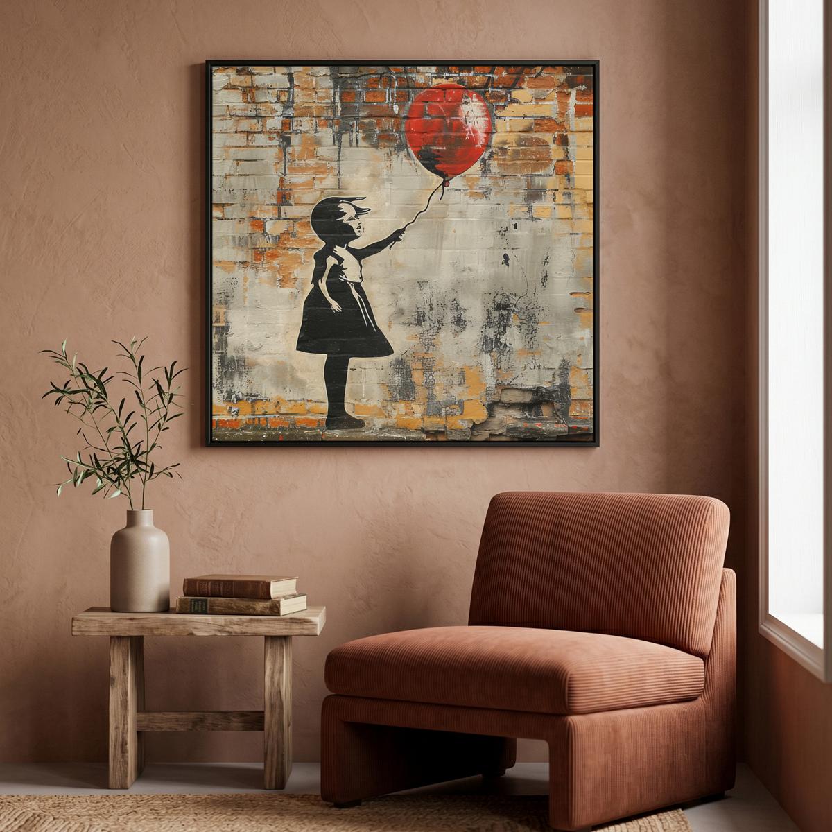 LEINWAND Bilder mit Rahmen - Graffiti - Banksy - Mädchen - Straßenkunst - 90x90 - Sandfarben, Textil (90/90cm) - MuchoWow