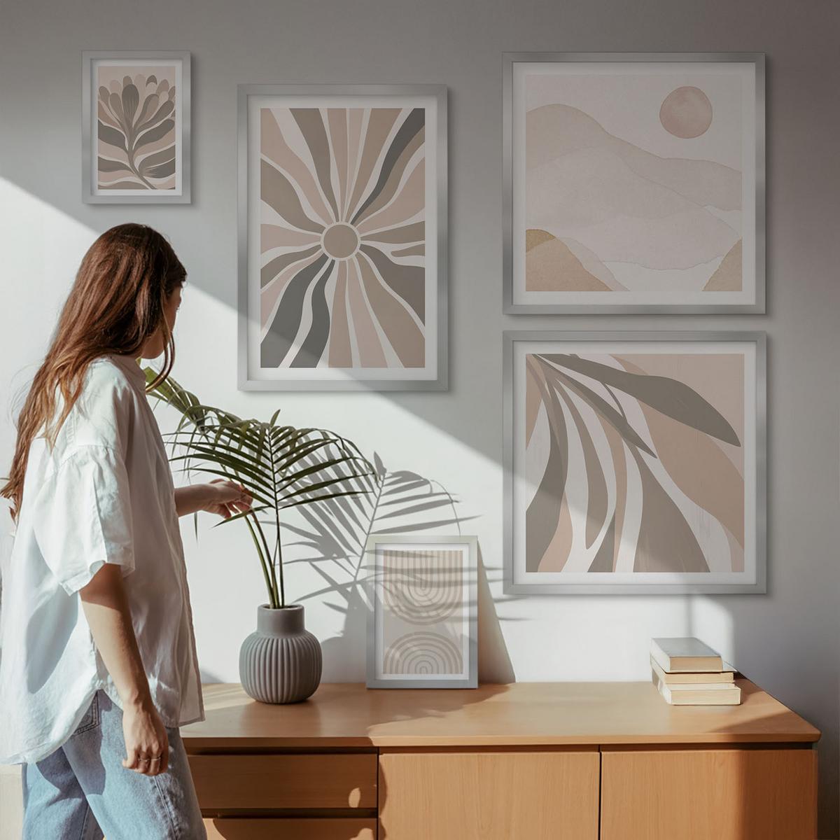 BILDER SET 5er Set - 50x50 cm & 20x30 cm & 40x60 cm Silberner Rahmen - Abstrakte Pflanzenmuster - Silberfarben, Kunststoff (40/60cm) - TULUP