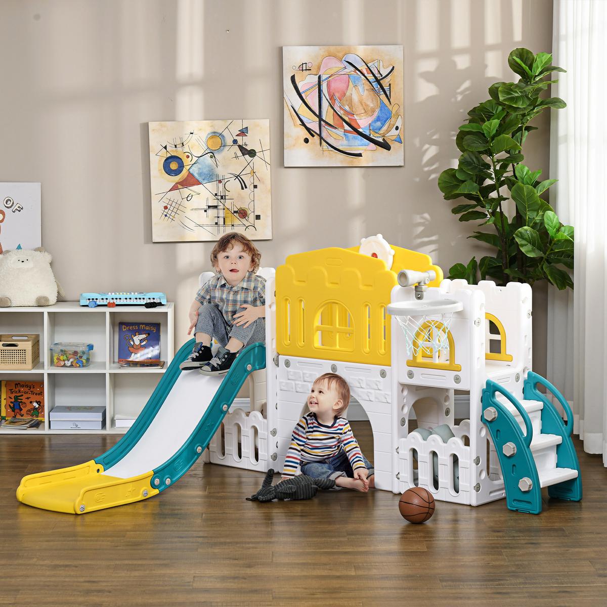 KINDERRUTSCHE, 7 in 1, Kleinkinderrutsche mit Basketballkorb für 1 bis 3 Jahre - Gelb, Kunststoff (177/99/178cm) - AIYAPLAY