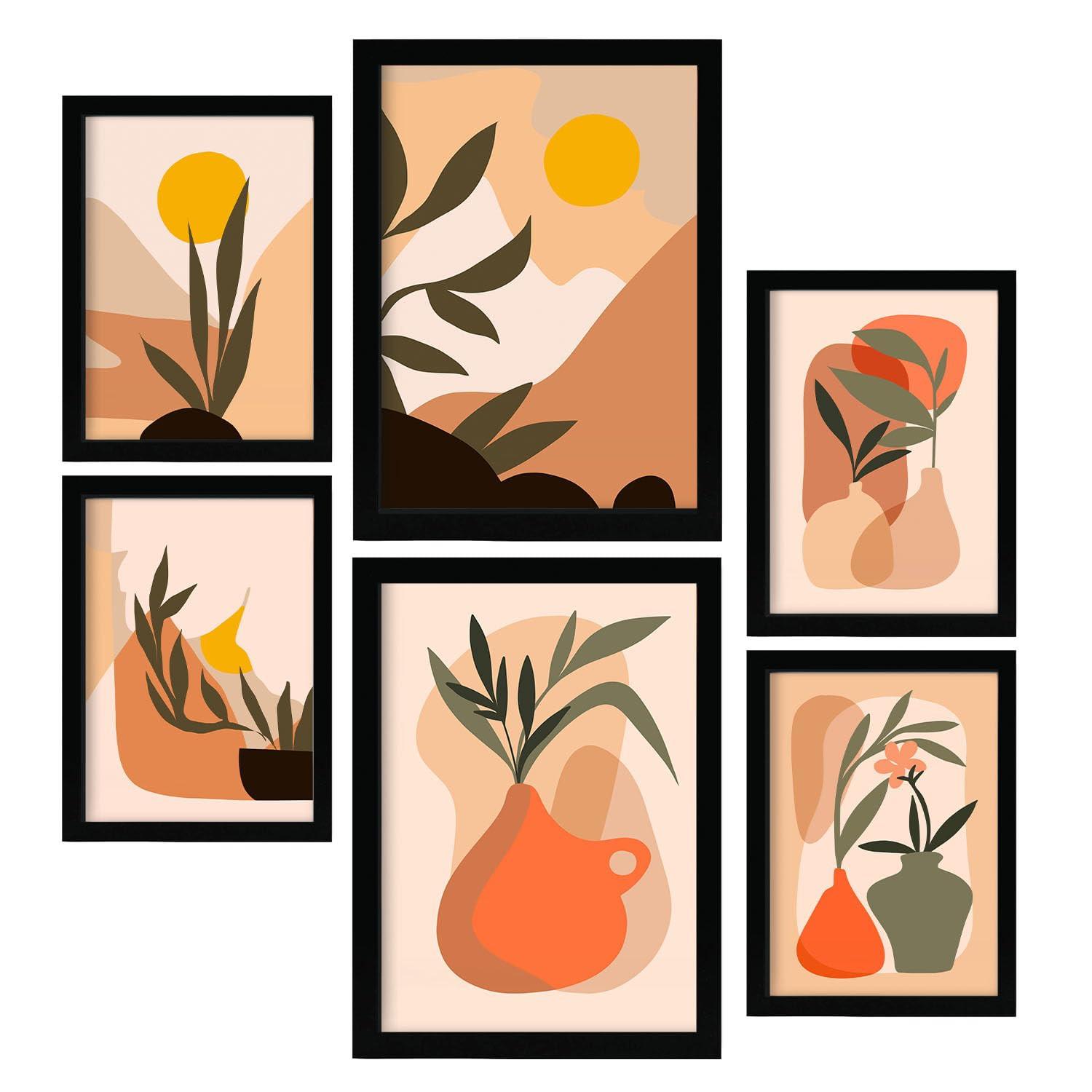 POSTER Set Mit 6 Mondhelle Vasen A3 & A4 Schwarzer Rahmen - Schwarz, Papier (29/3cm) - Nacnic
