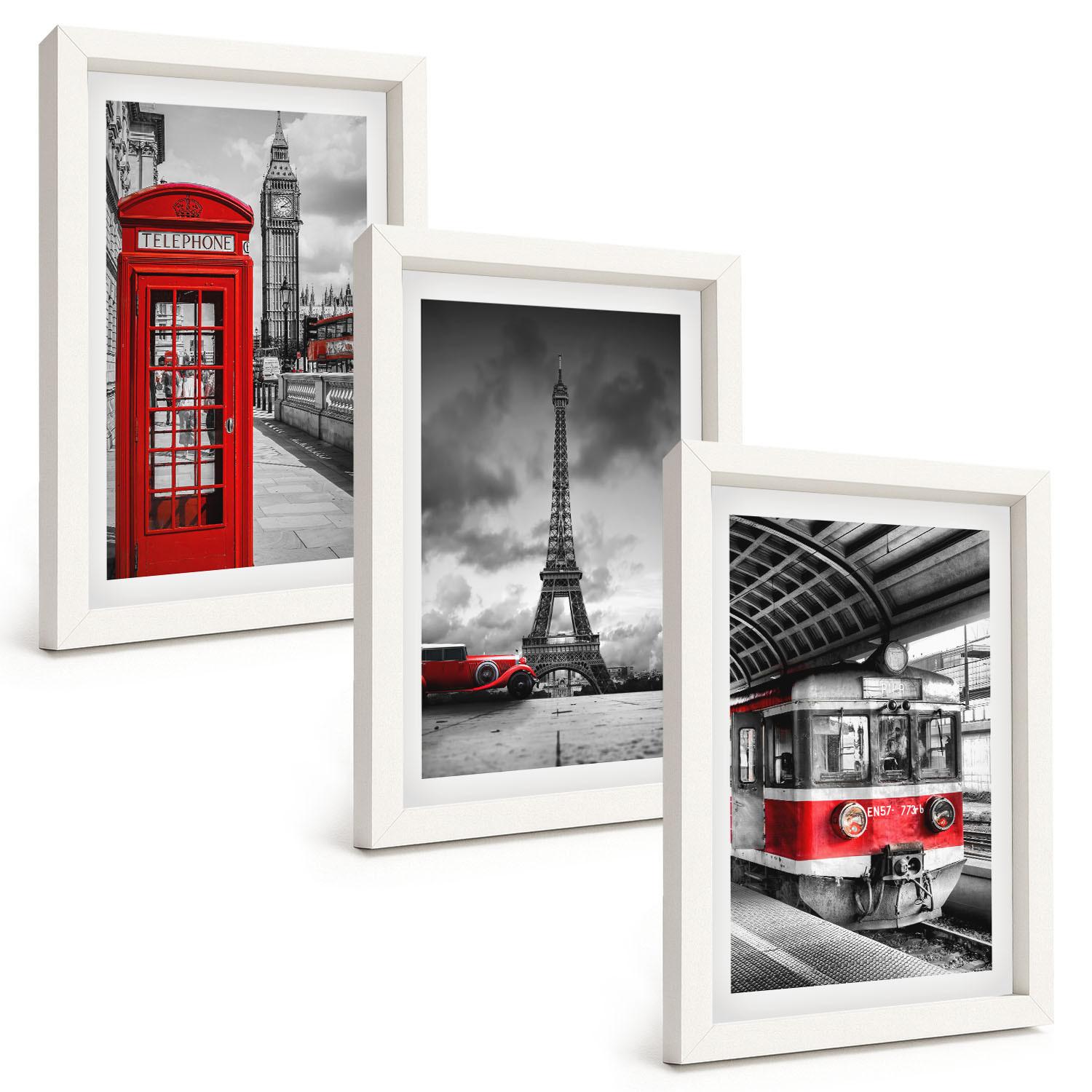 BILDER SET 3er Set - 20x30 cm Weißer Rahmen - Ikonen London Paris Verkehr - Weiß, Kunststoff (20/30cm) - TULUP