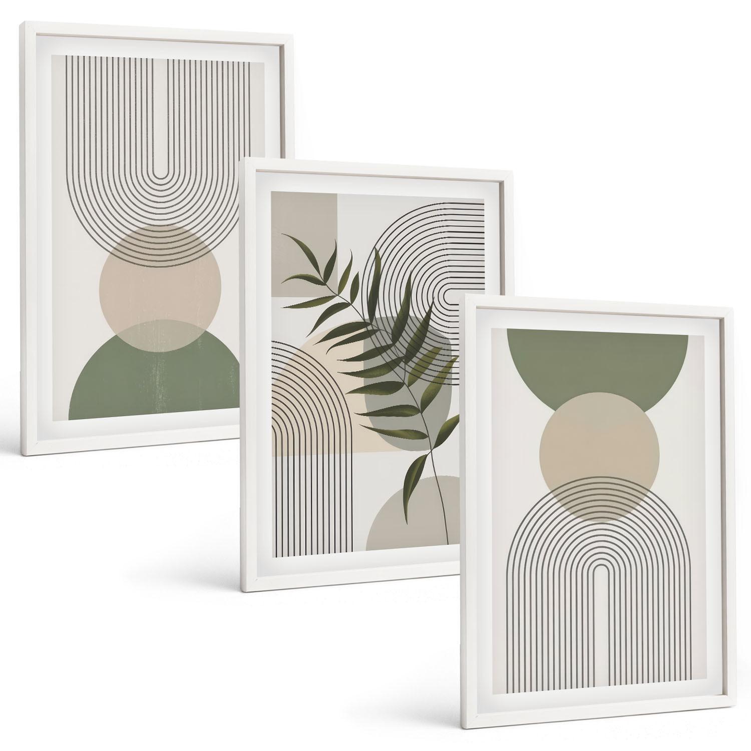 BILDER SET 3er Set - 40x60 cm Weißer Rahmen - Abstrakte Formen mit Grün - Weiß, Kunststoff (40/60cm) - TULUP