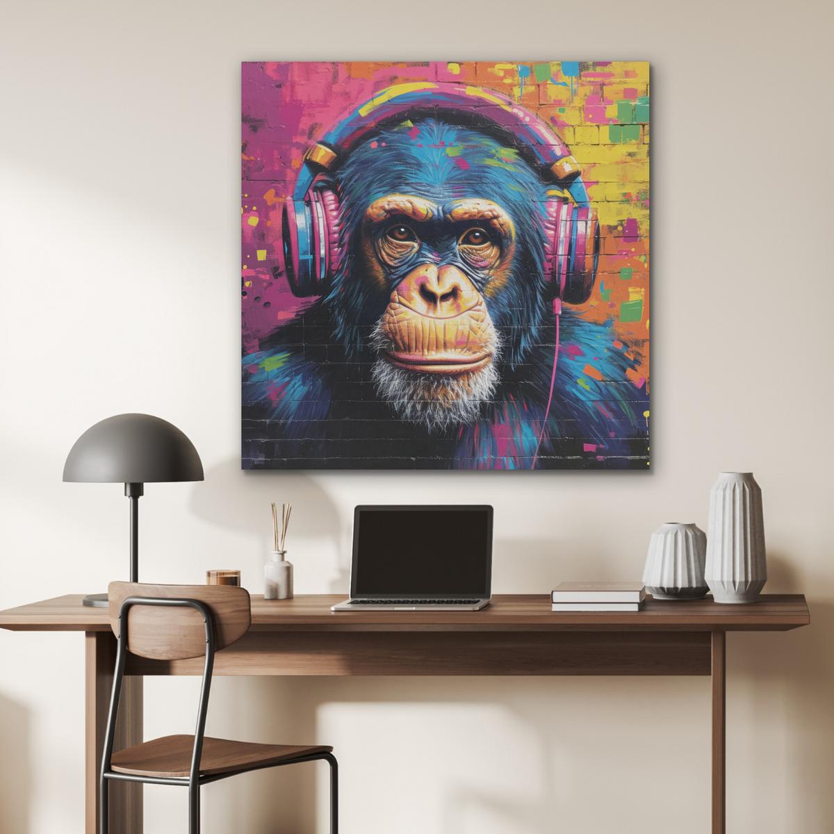 AKUSTIKBILD Graffiti - Schimpanse - Straßenkunst - Kopfhörer - Affe Akustikpaneele 90x90 cm - Blau, Kunststoff (90/90/0.9cm) - MuchoWow