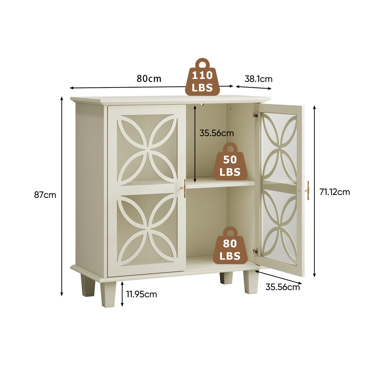 SIDEBOARD 80 cm Creme MDF & Glas mit 2 Glastüren und verstellbaren Regalen - Beige/Creme, Holzwerkstoff (80/87/38cm) - Urban Meuble