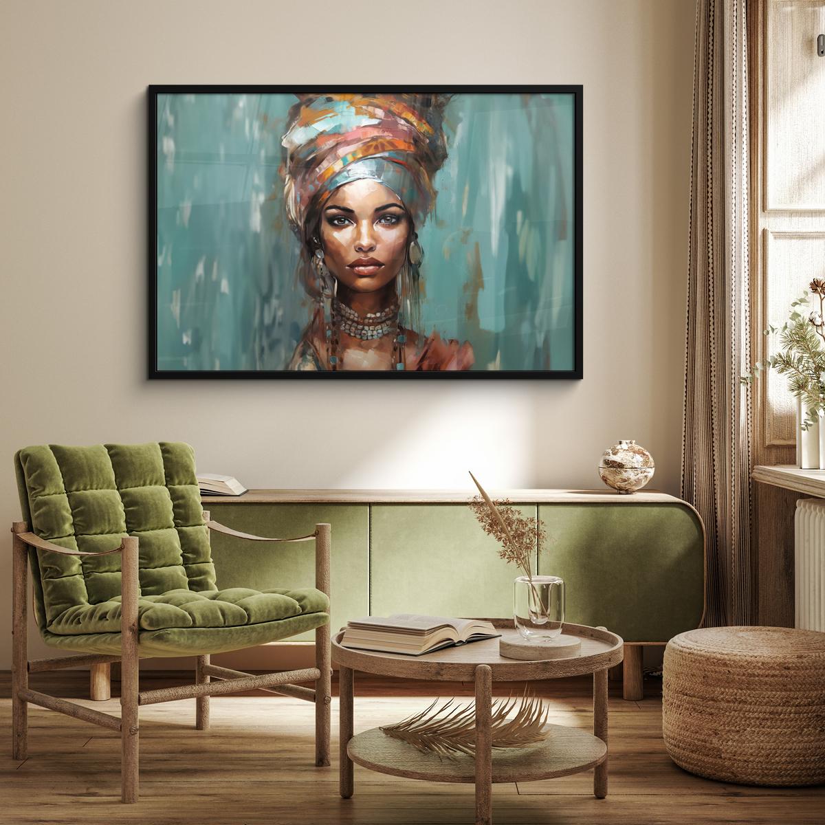 POSTER MIT RAHMENGERAHMTES BILD Frau - Kunst - Schmuck - Porträt 120x80 cm - Blaugrau, Papier (120/80cm) - MuchoWow