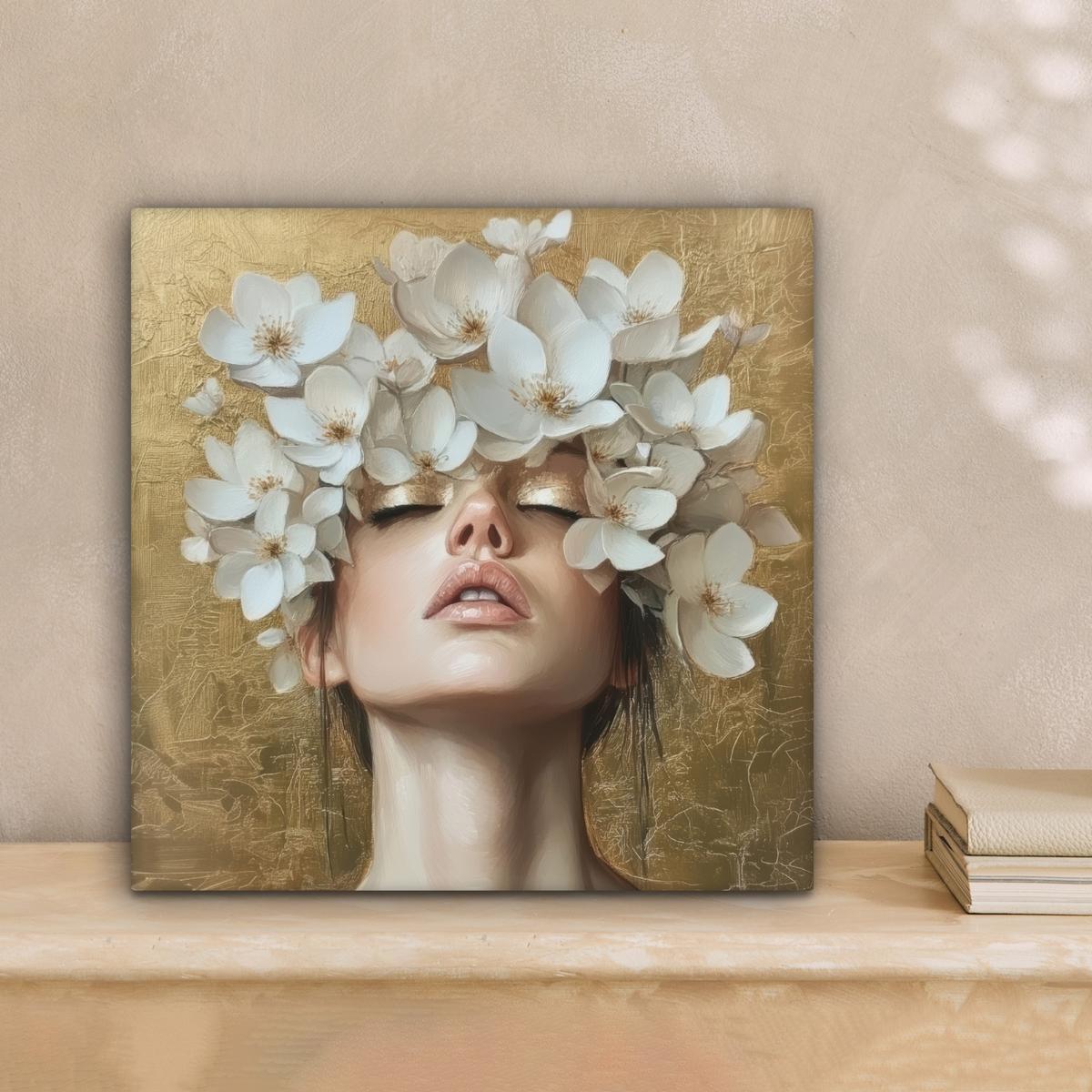 LEINWANDBILD Gesicht - Blumen - Gold - Abstrakt Deko Wohnzimmer 20x20 cm - Goldfarben, Textil (20/20cm) - MuchoWow