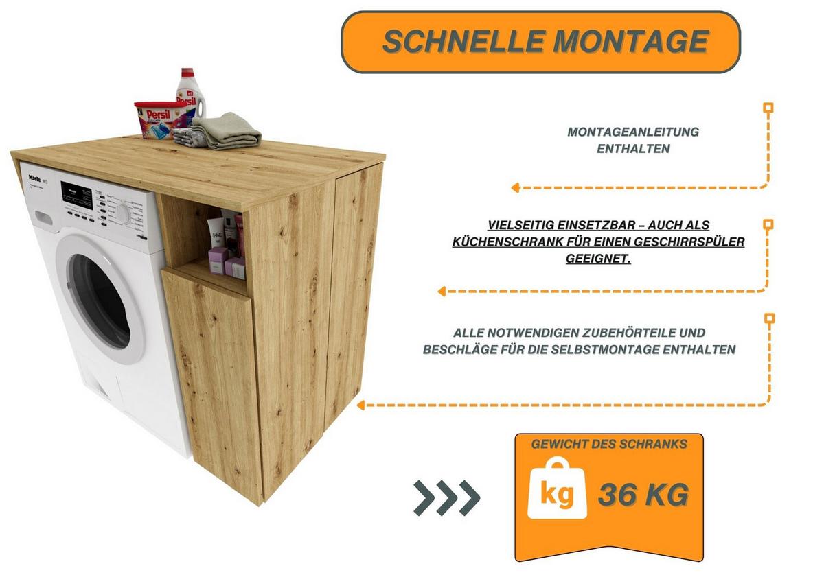 WASCHMASCHINENSCHRANK Überbauschrank mit Fächern – passend für Waschmaschine & Trockner 96/88/62 - Eiche Artisan, Holzwerkstoff (96/88/62cm) - RAUMHIRSCH FURNITURE