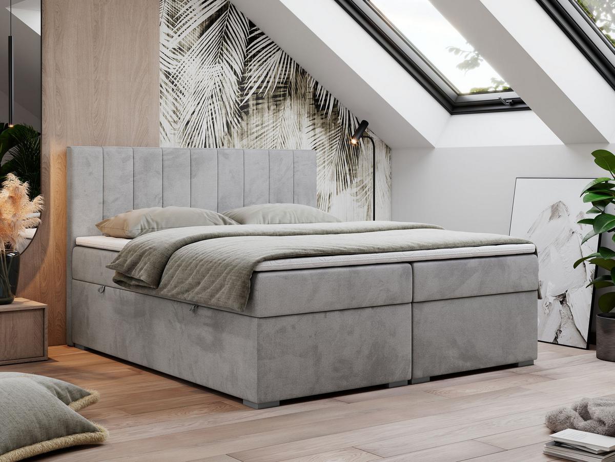 BOXBETT LOPE 160/200 - Hellgrau Velvet - H4 - Hellgrau, Holz/Textil (160/200cm)