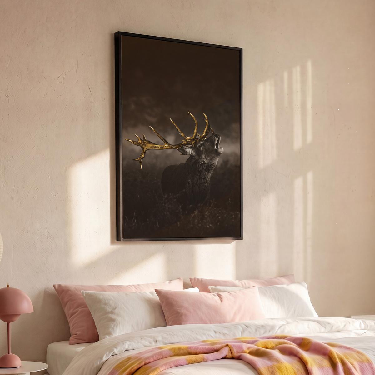 LEINWAND Bilder mit Rahmen - Rotwild - Schwarz - Gold - 90x140 - Braun, Textil (90/140cm) - MuchoWow